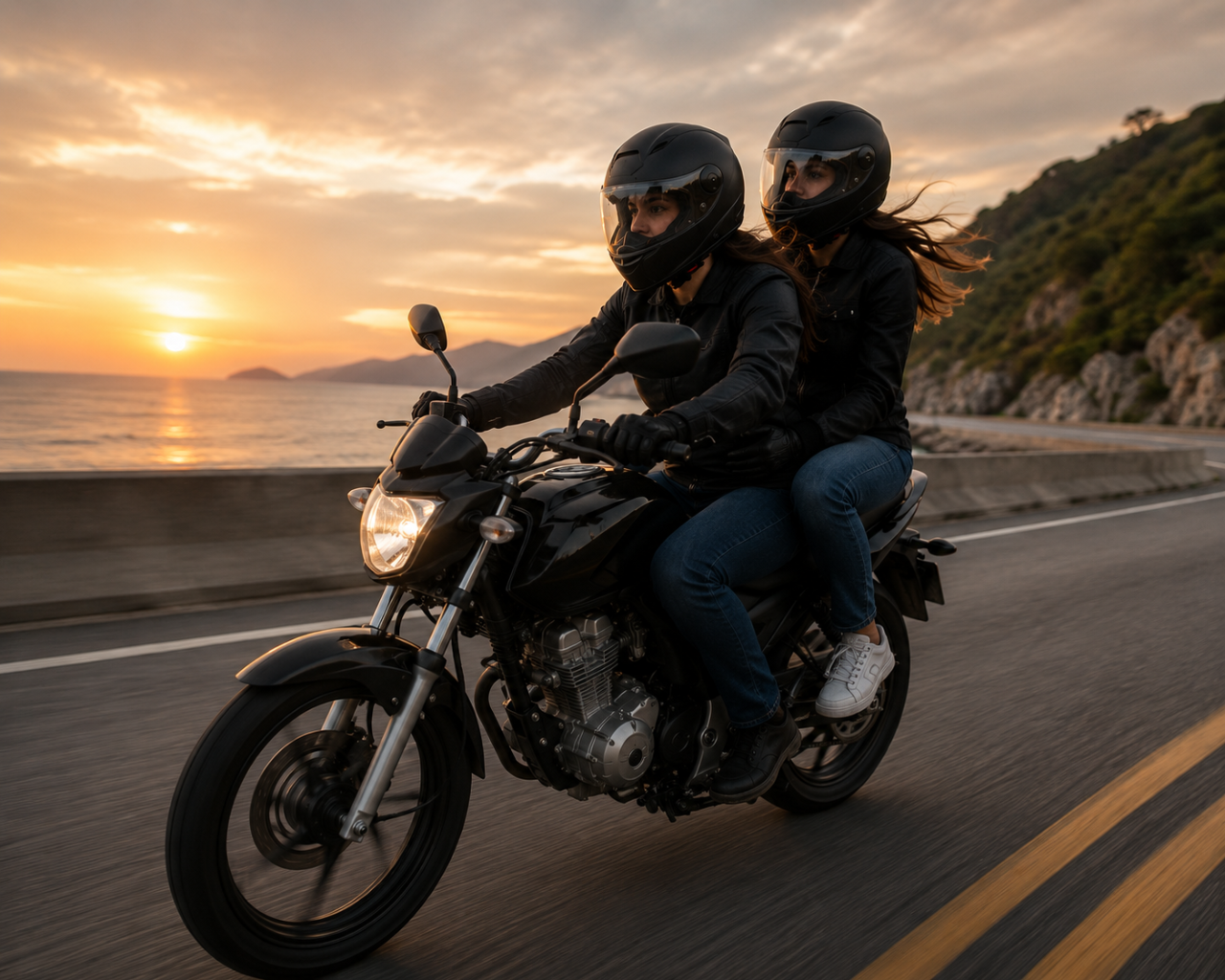 Passageira e motociclista da TOUT viajando ao pôr do sol